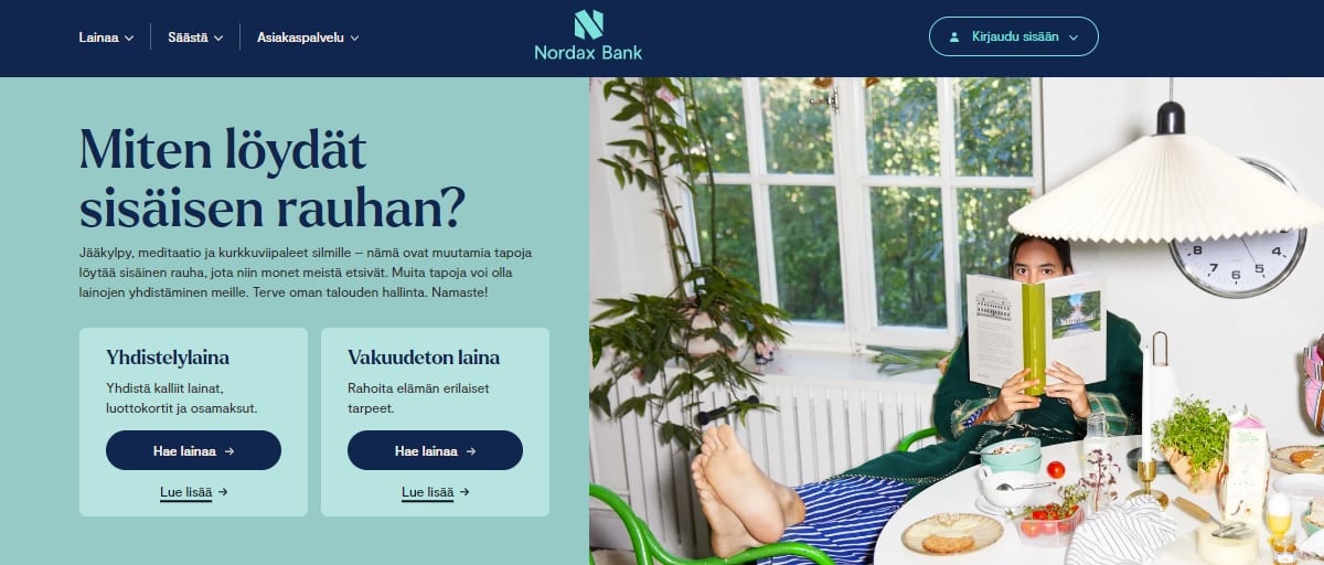 Kuvaruutukaappaus Nordax Bankin verkkosivujen etusivunäkymästä.